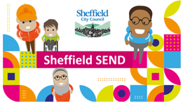 4 cartoon people.  Lots of shapes in pink, blue, orange and green.  Sheffield City Council logo is at the top centre