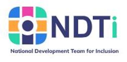 Logo that has a symbol made up of a centre circle and blue, yellow and green shapes  around it that make up a square.  Text says NDTi National Development Team for Inclusion