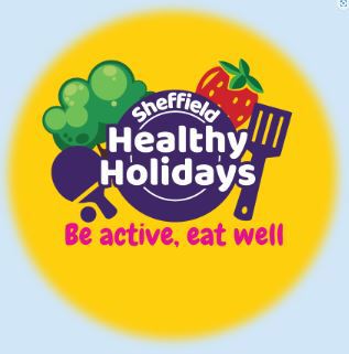 Yellow circle with pictures of a tree, strawberry, bat and ball and a fish slice.  Text says Sheffield Health Holidays, be active, eat well