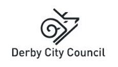 Derby City council in black font.  Symbol made of a diagonal line, a swirl and a t shape
