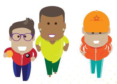 3 cartoon people, one is wearing glasses, one is wearing a cap.  2 male and 1 female