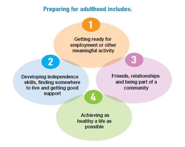 4 oval shapes.  Orange oval is number 1 and says getting ready for employment or other meaningful activity. Blue oval is number 2 and says developing independence skills, finding somewhere to live and getting good support.  Purple oval is number 3 and says friends, relationships and being part of a community.  Green oval is number 4 and says achieving as healthy a life as possible.