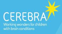 Blue rectangle with white text that says Cerebra working wonders for children with brain conditions.  To the right is a yellow star