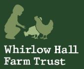 Green box with white text that says Whirlow Hall farm trust.  Picture in lighter green of a child feeding two hens
