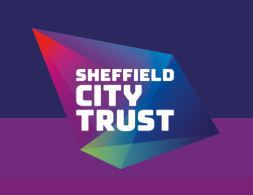 Diamond shape coloured in blue, red, purple and green.  Text is in white and says Sheffield City Trust