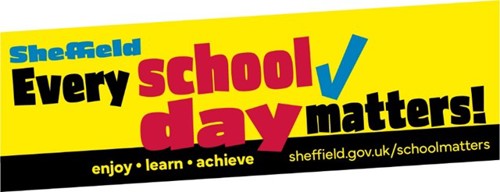 Yellow parallelogram shape with text that says Sheffield school day matters. Enjoy, learn, achieve.  sheffield.gov.uk/schoolmatters