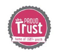 Red circle with text that says The Proud Trust home of LGBT+ youth