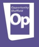 Purple rectangle with white text that says Opportunity Sheffield and Op